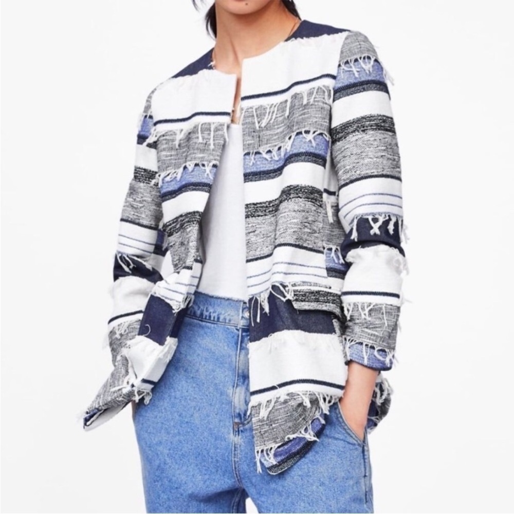 Zara Stripped Textured Fringe Open Jacket Blanket Boho Southwest